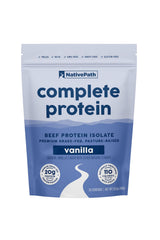 NativePath complete beef protein powder tub vanilla for post-workout recovery.