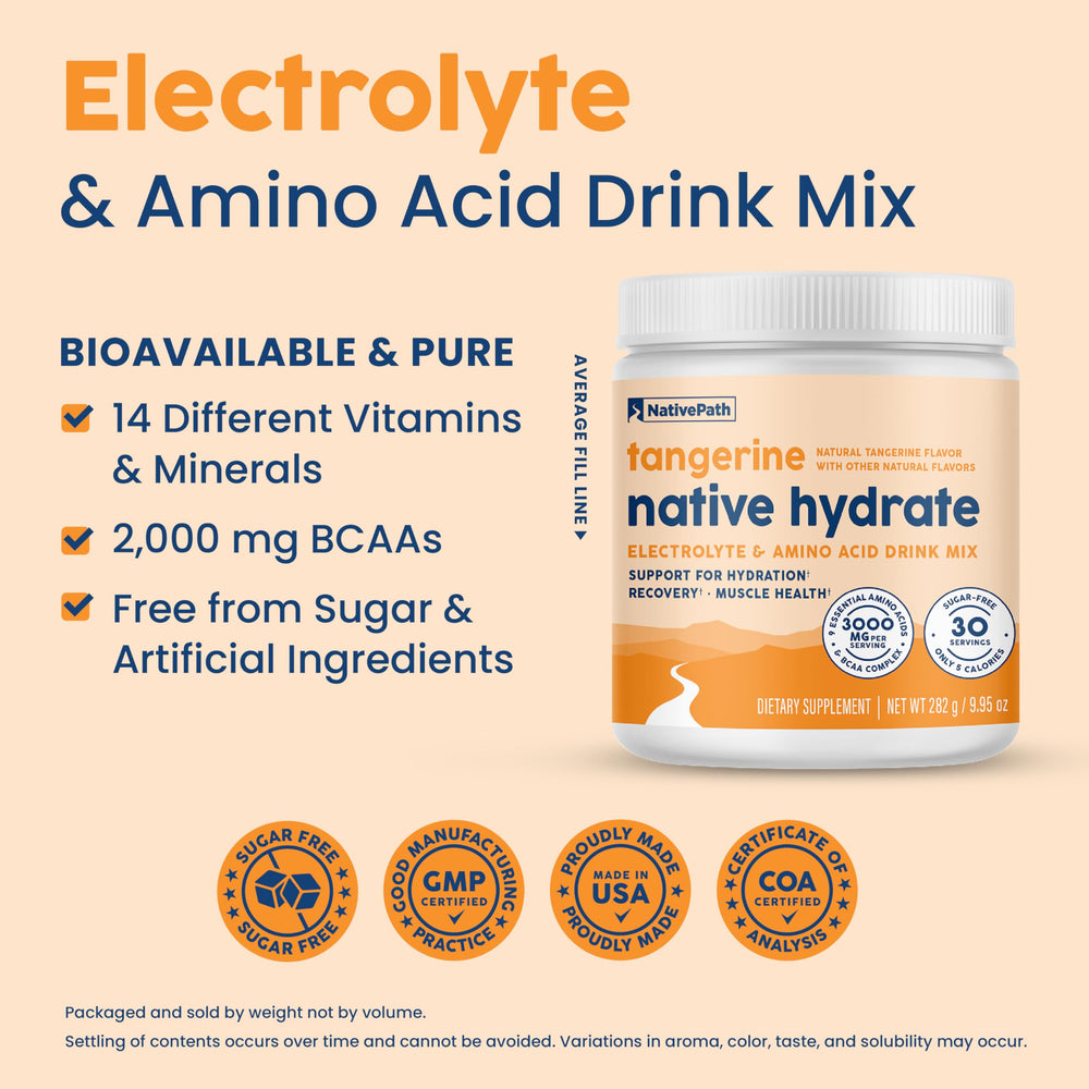 NativePath Hydrate label highlights BCAAs and vitamins for recovery support.