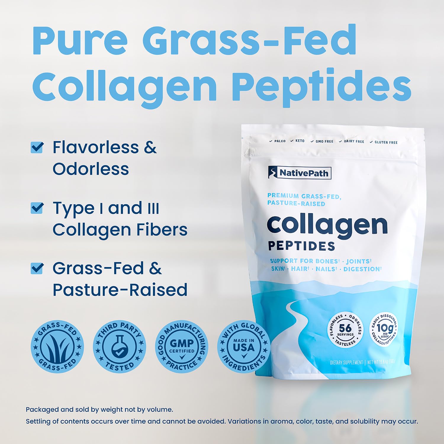 NativePath hydrolyzed collagen powder image indicating fast absorption and mixability.