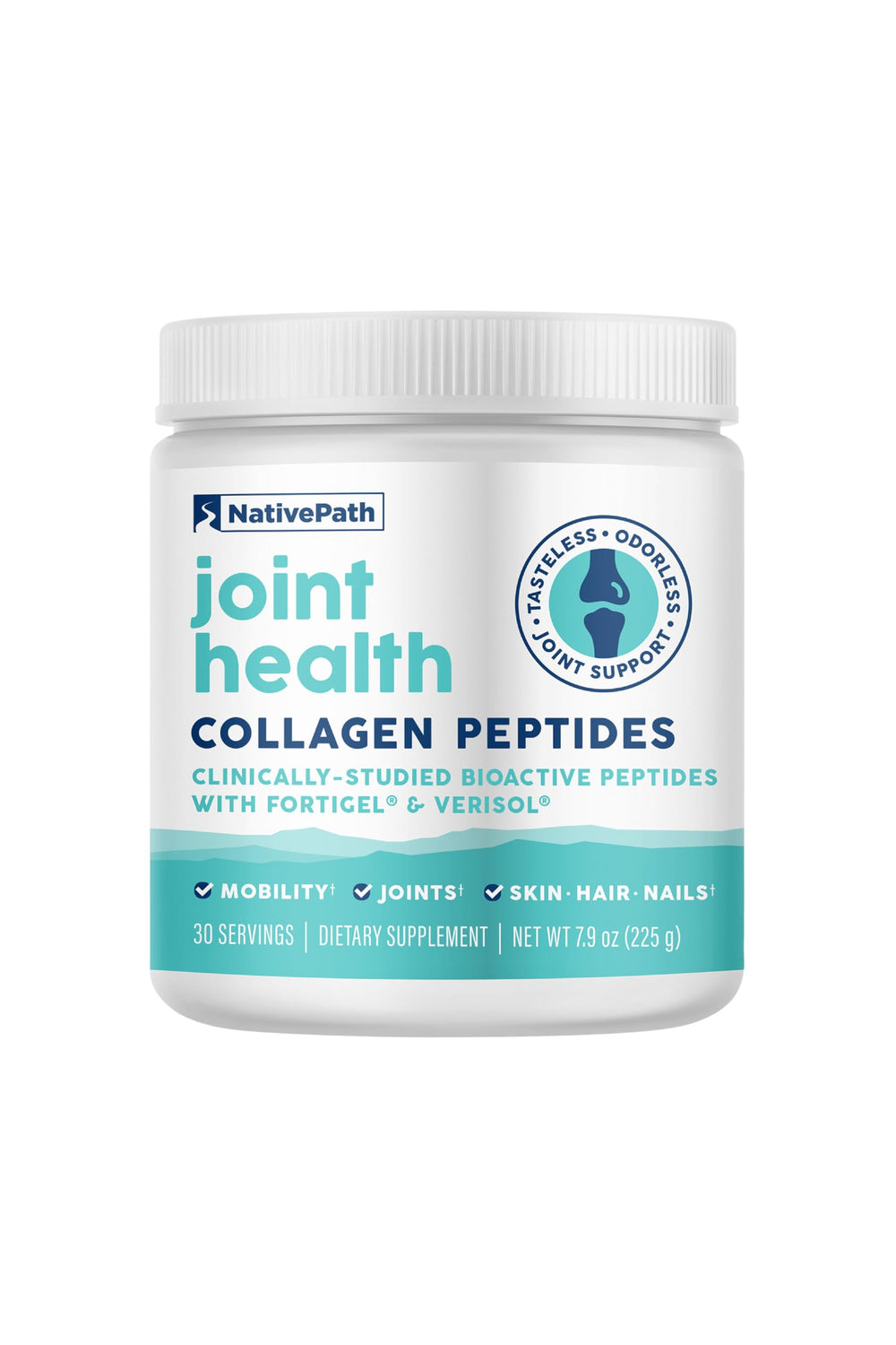 NativePath Joint Health Advanced Formula bottle closeup highlighting grass-fed collagen for joints.