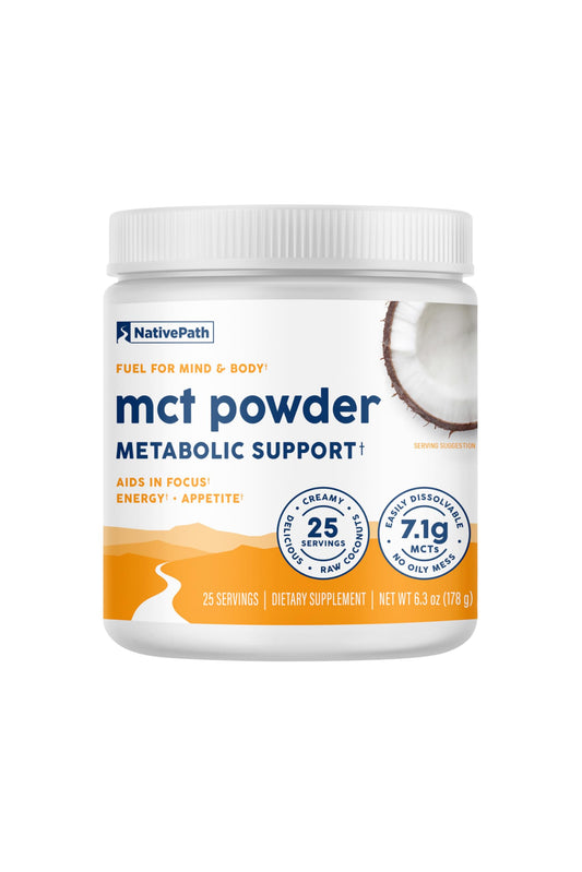 NativePath MCT Powder bottle front highlights keto-friendly energy from coconut-derived MCTs.