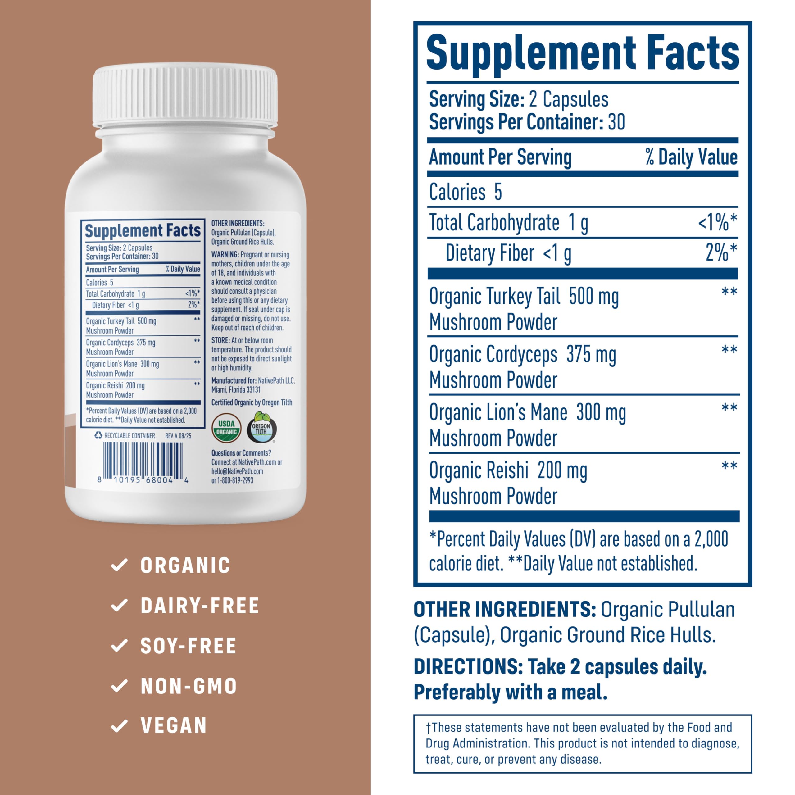 NativePath Mushroom Complex bottle label highlighting organic, non-GMO ingredients for clean supplementation.