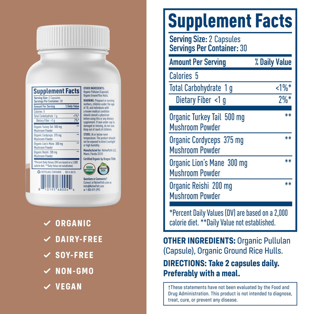 NativePath Mushroom Complex bottle label highlighting organic, non-GMO ingredients for clean supplementation.