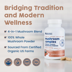 NativePath Mushroom Complex capsules close-up showing whole mushroom powder for daily vitality.