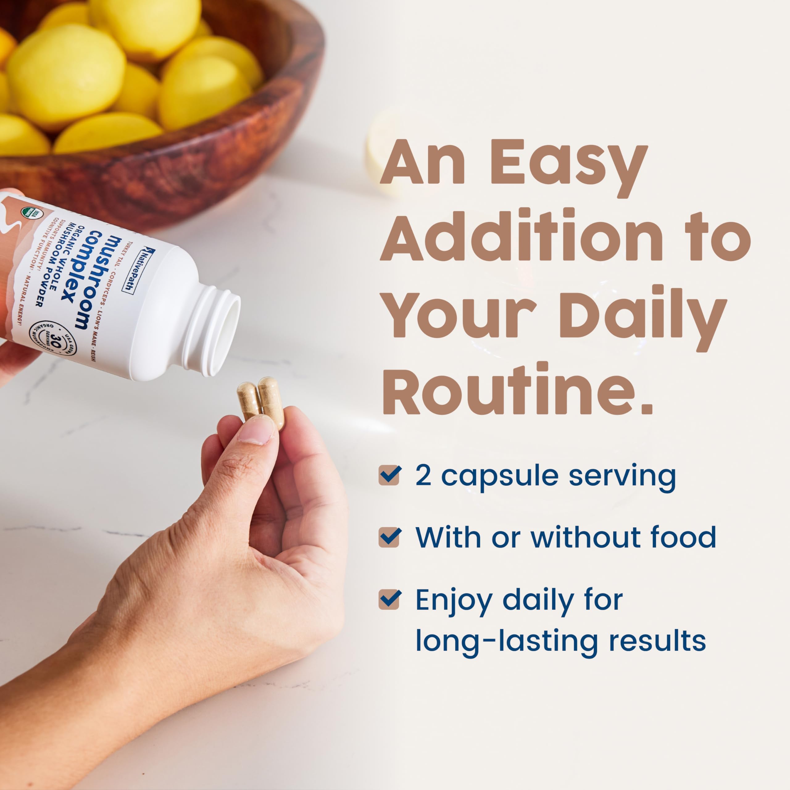 NativePath Mushroom Complex serving size graphic illustrating two capsules per day.
