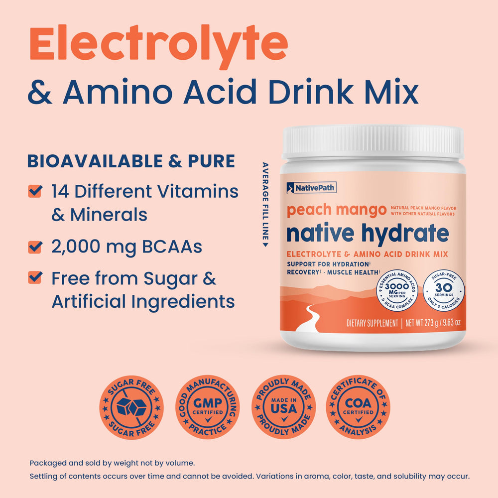 NativePath Native Hydrate peach mango flavor in glass demonstrates refreshing hydration.