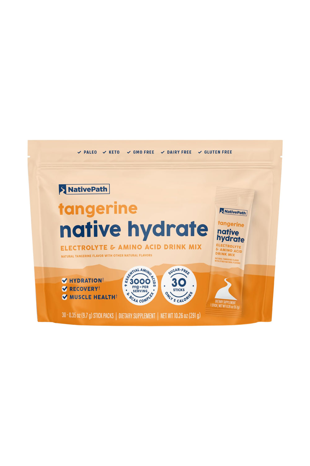 NativePath Hydrate stick pack in Tangerine flavor for on-the-go hydration.