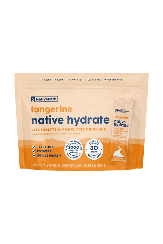 NativePath Hydrate stick pack in Tangerine flavor for on-the-go hydration.