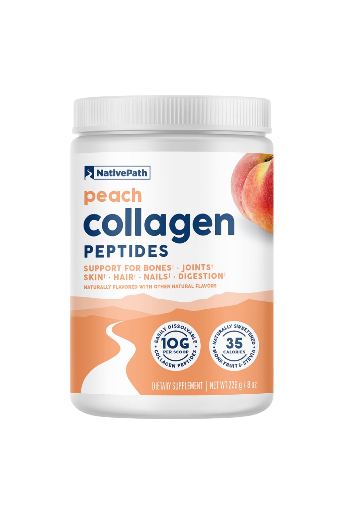 NativePath Peach Collagen bottle showing grass-fed sourcing and clean label benefits.