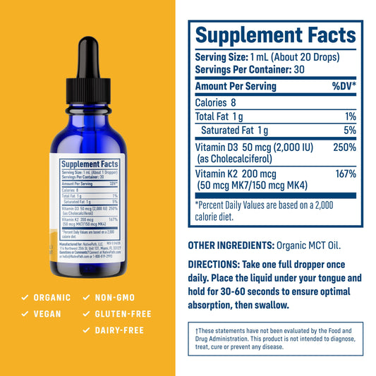 NativePath D3K2 tincture being dispensed from a dropper for controlled use.