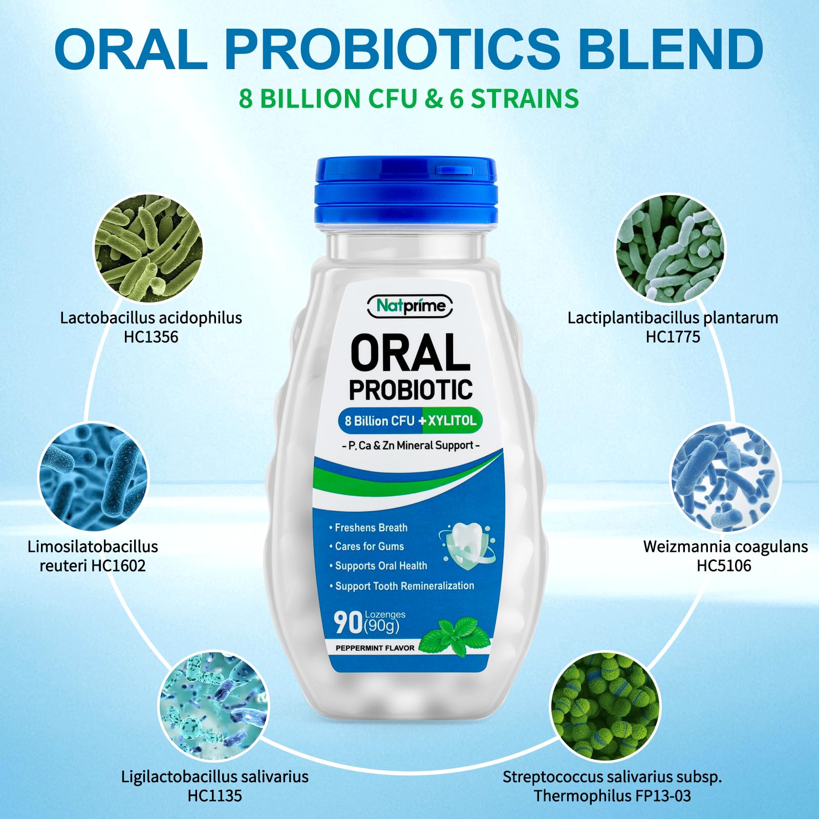 Natprime 6-strains graphic illustrates diverse probiotic blend for oral balance.