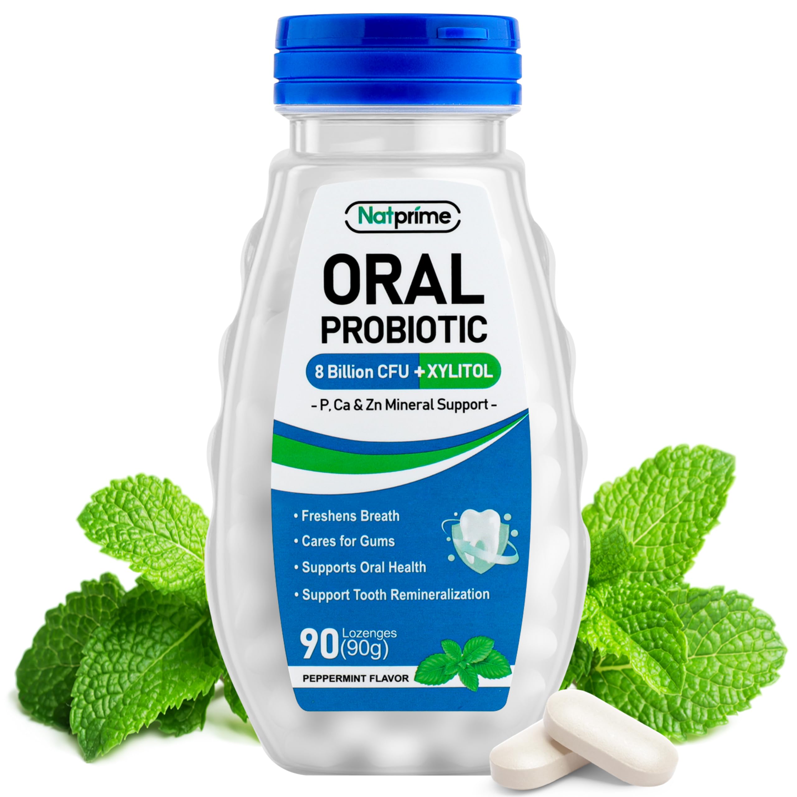 Natprime bottle with lozenges offering mint breath support on the go.