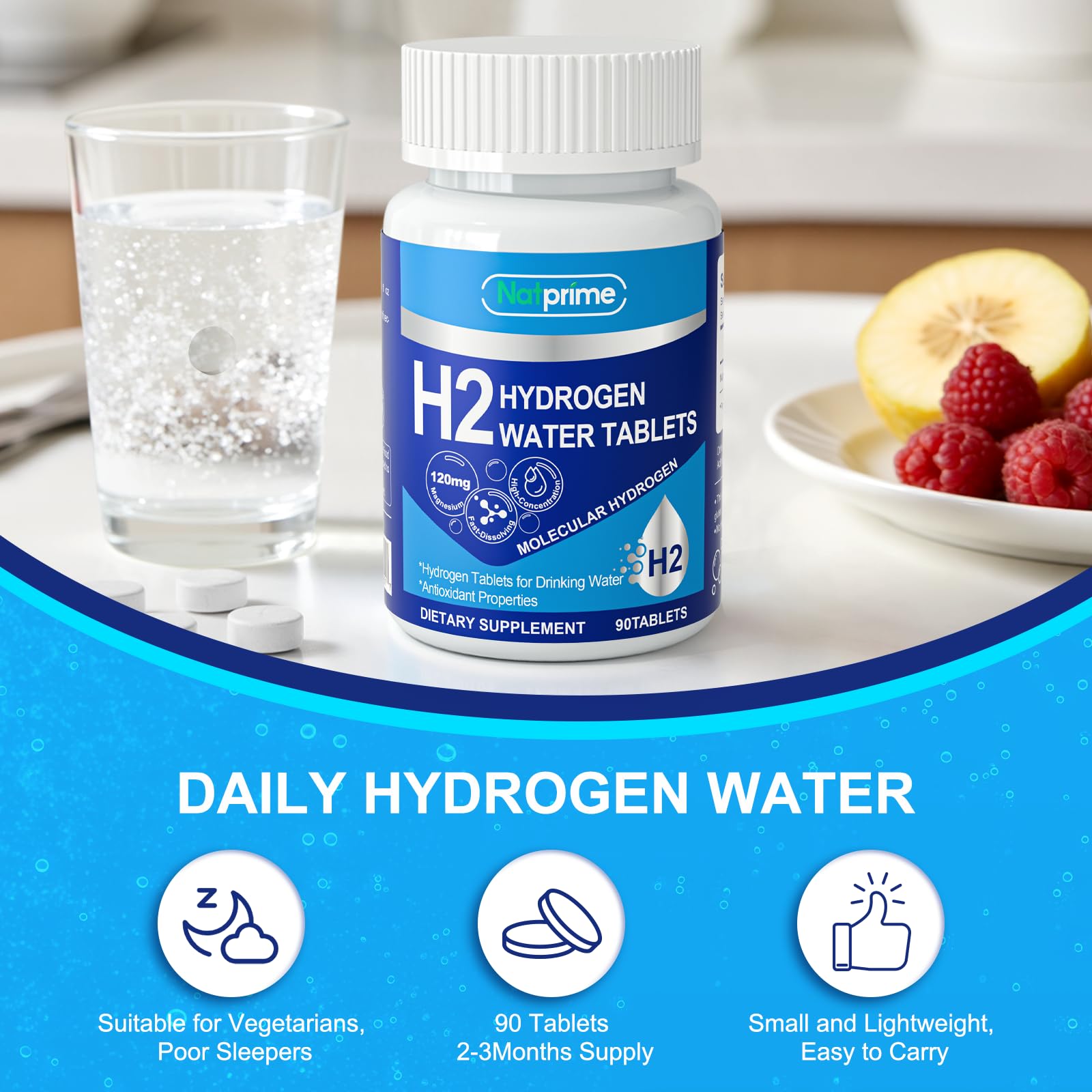 Natprime hydrogen tablets in a 90 count bottle ready for travel or gym use