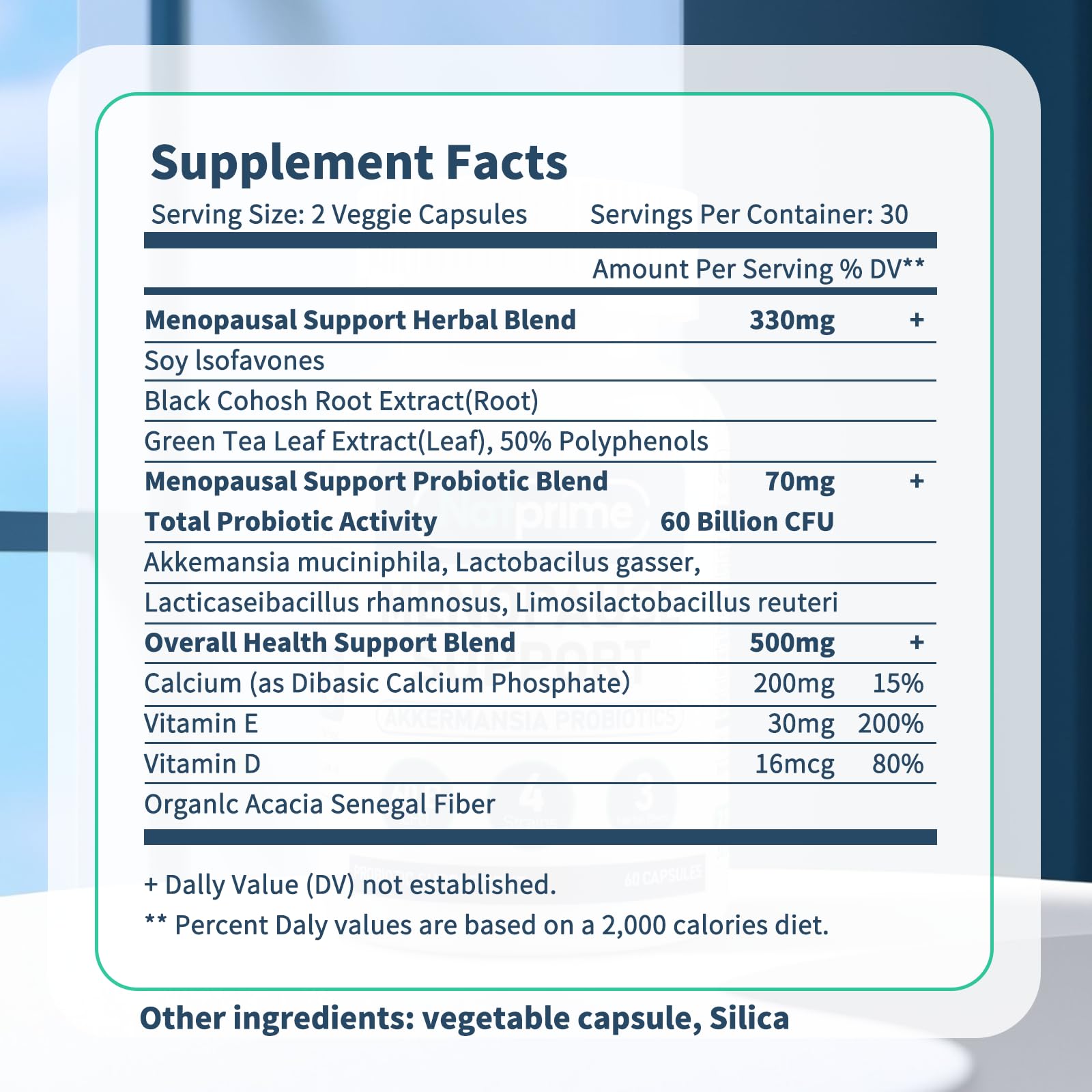 Natprime menopause capsules closeup showing easy-to-take probiotic support