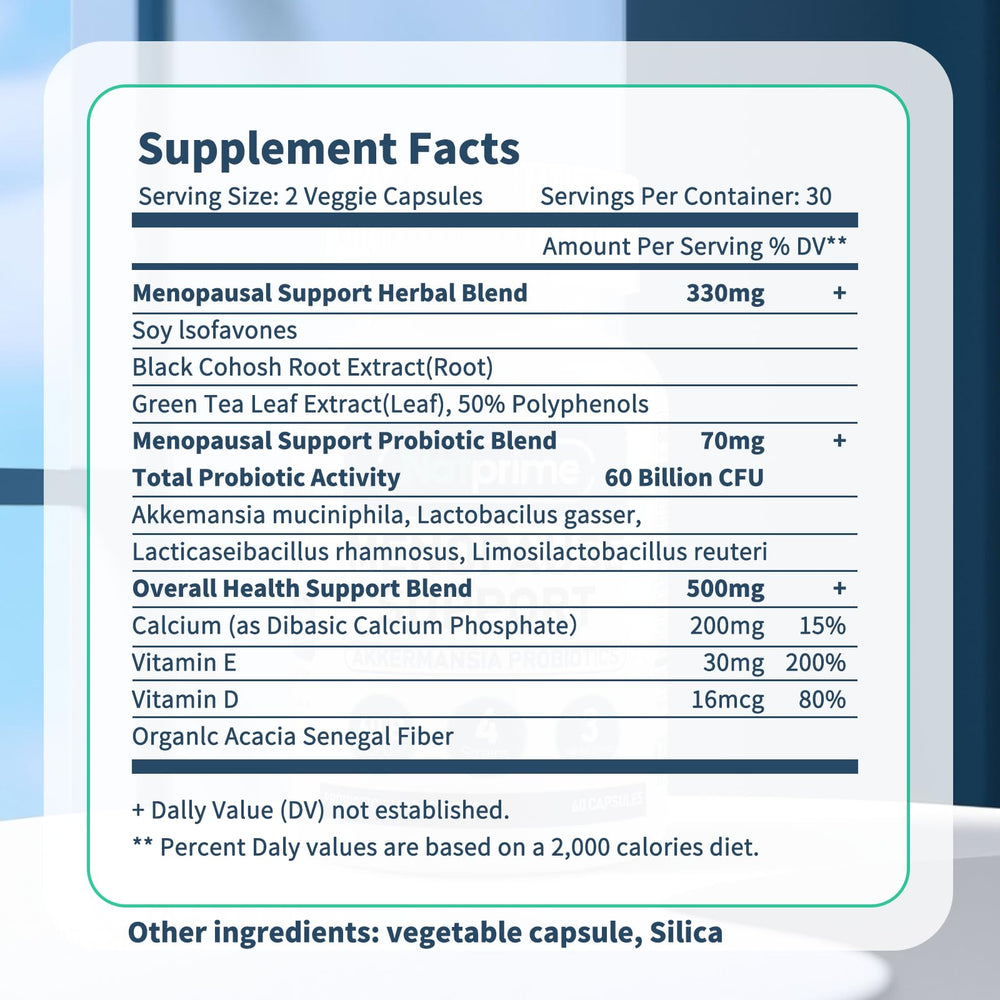 Natprime menopause capsules closeup showing easy-to-take probiotic support