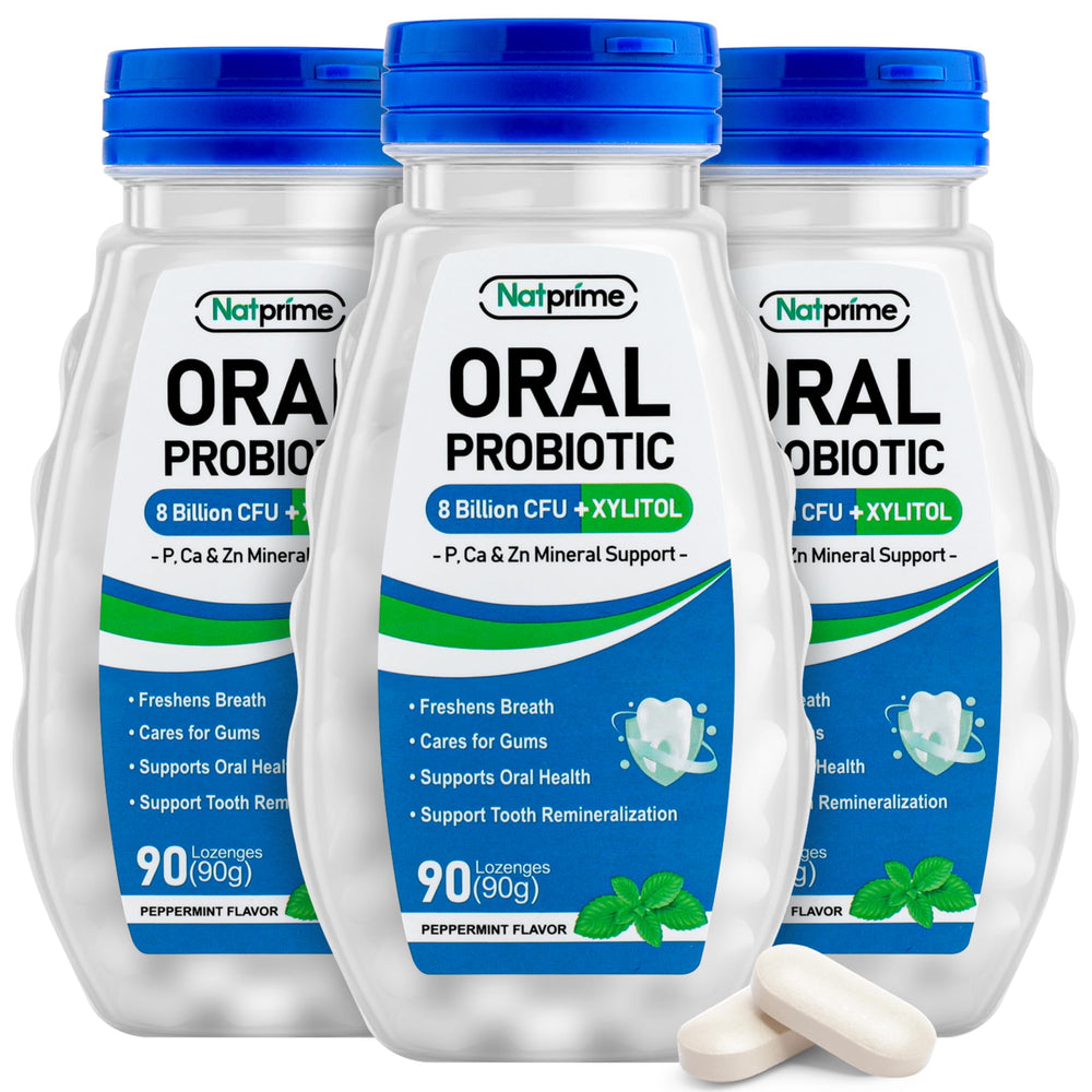 Natprime oral health probiotics packaging showcases a premium blend for fresh breath and balanced mouth flora.