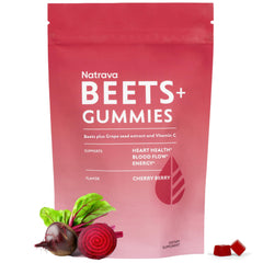 Natrava Beets+ Gummies bottle for convenient heart health support.