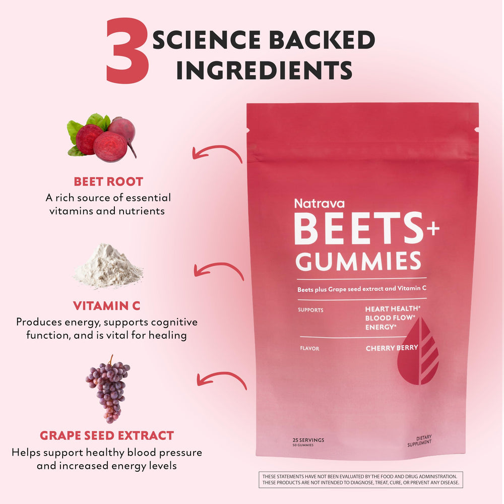 Natrava Beets+ Gummies label detail with ingredients and benefits.