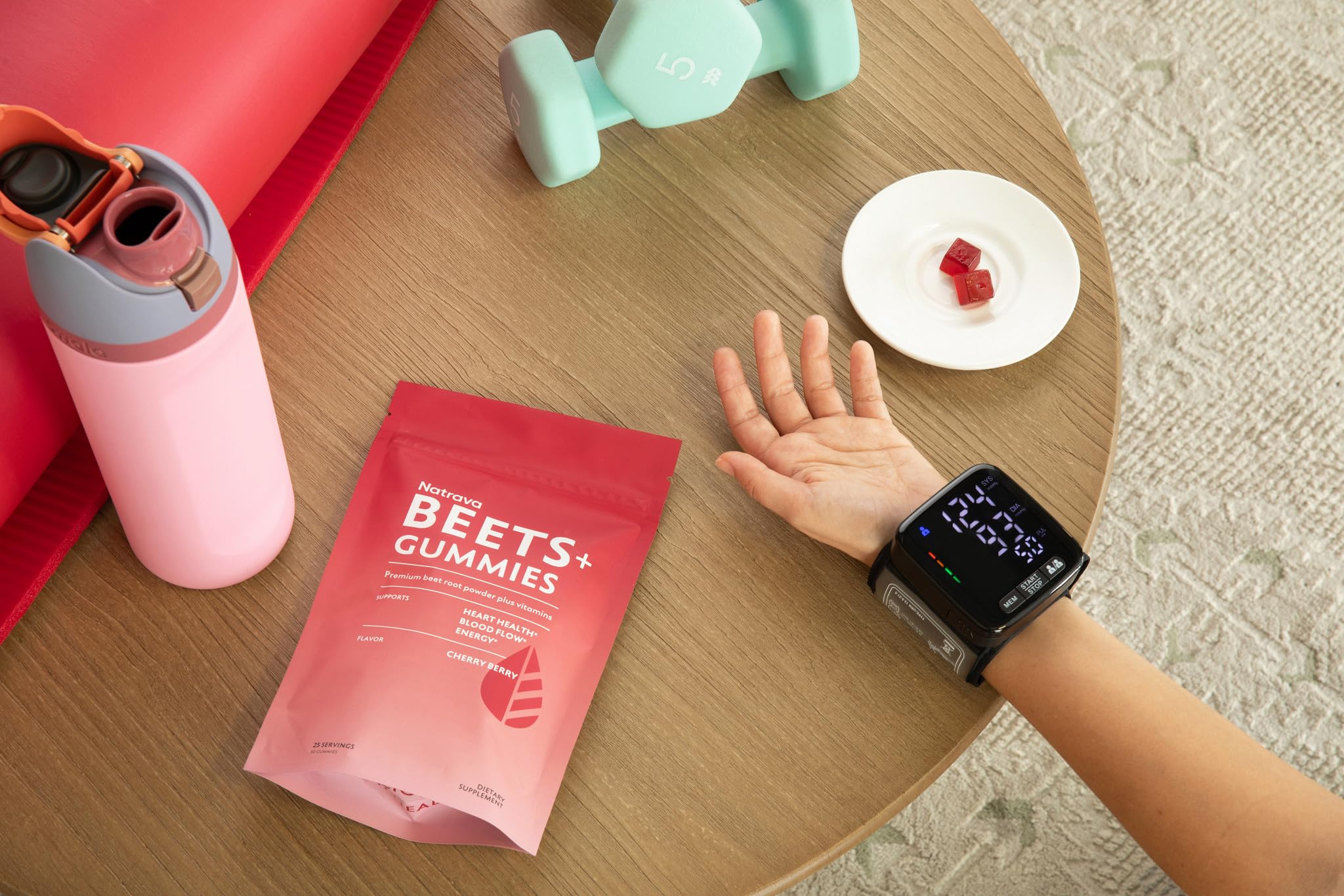 Natrava Beets+ Gummies on kitchen counter for daily wellness.