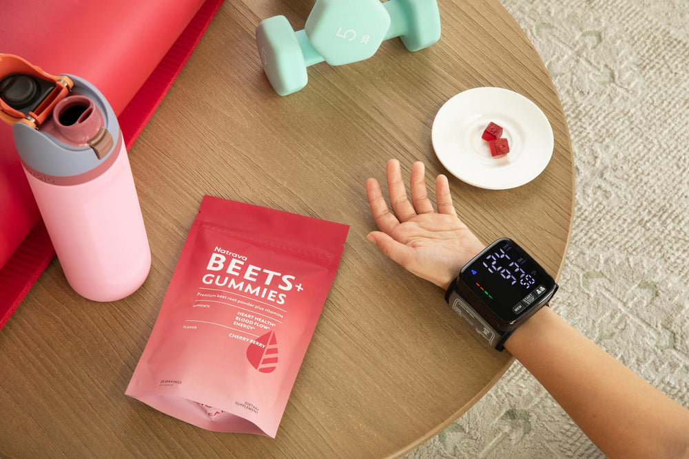 Natrava Beets+ Gummies on kitchen counter for daily wellness.