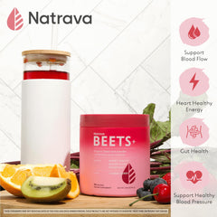 Natrava Beets+ open pack with scoop highlights convenient daily mixing.