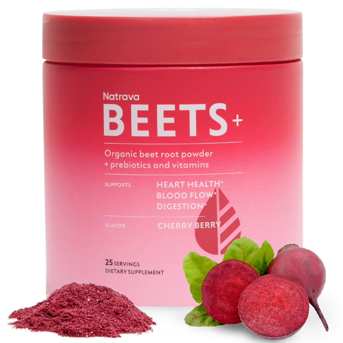 Natrava Beets+ powder jar showcases energy-boosting beetroot powder.
