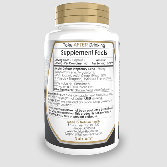 Natrium Health Alcohol Defense capsules closeup highlighting convenient capsule form