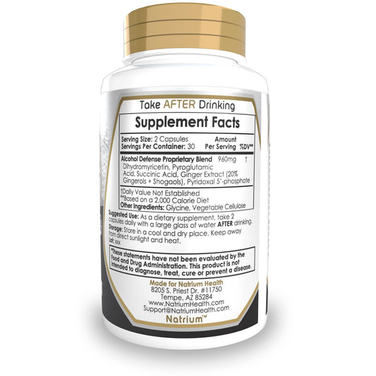 Natrium Health Alcohol Defense capsules pour shows convenient post-drinking option