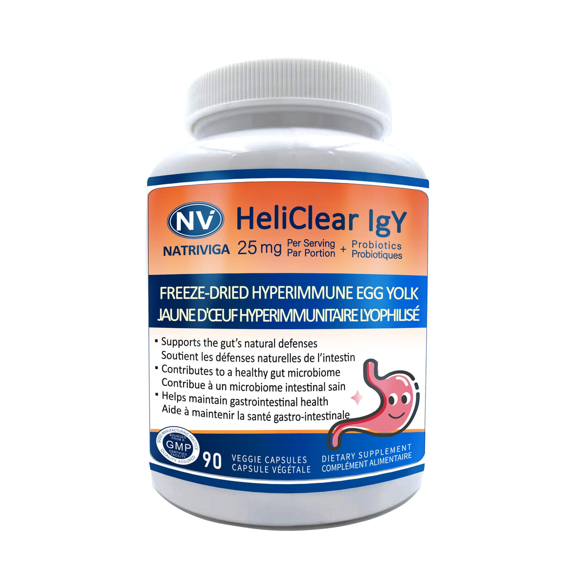 NATRIVIGA Heliclear IgY bottle front for daily immune and gut support.