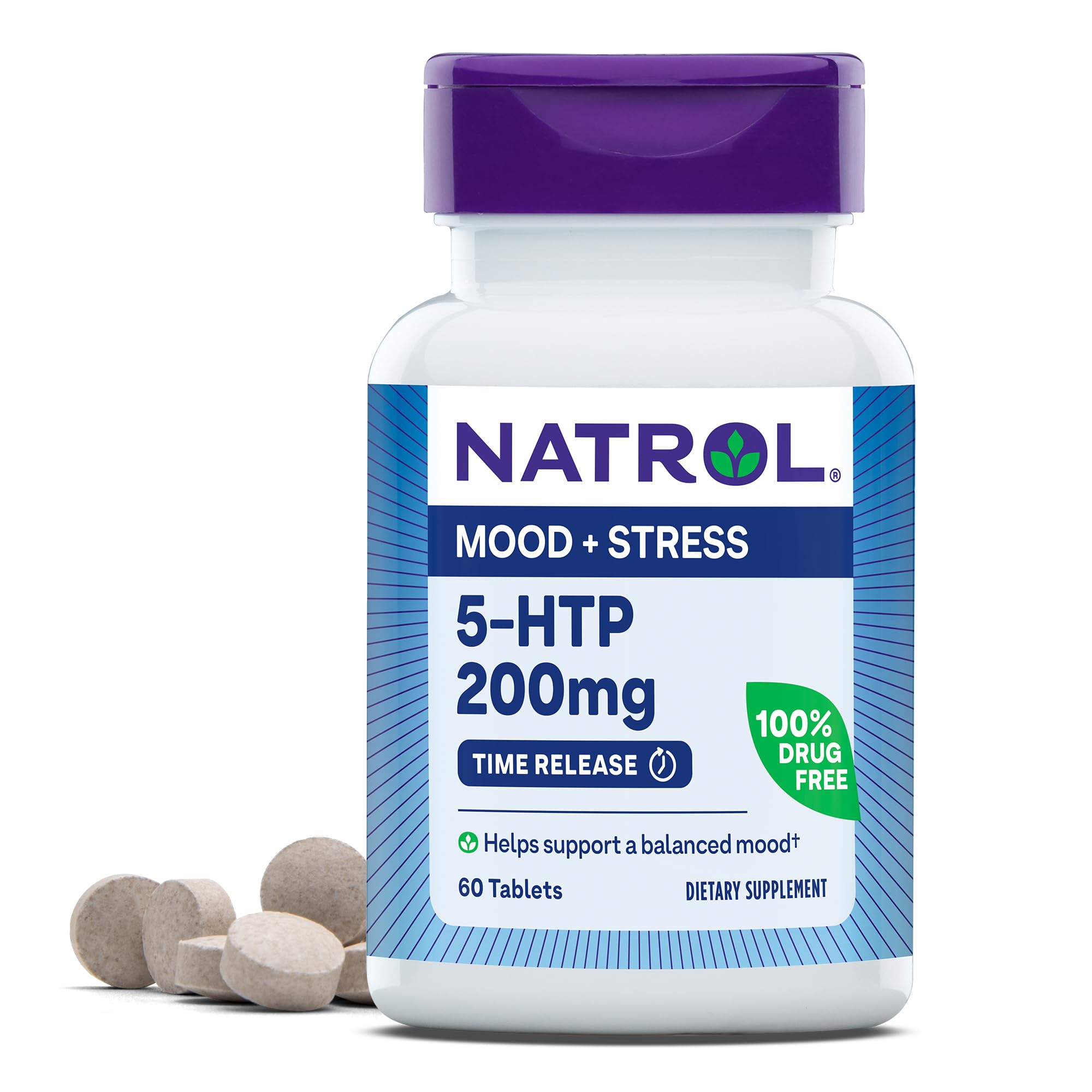 Natrol 5-HTP bottle shown for daily mood support with time-release tablets
