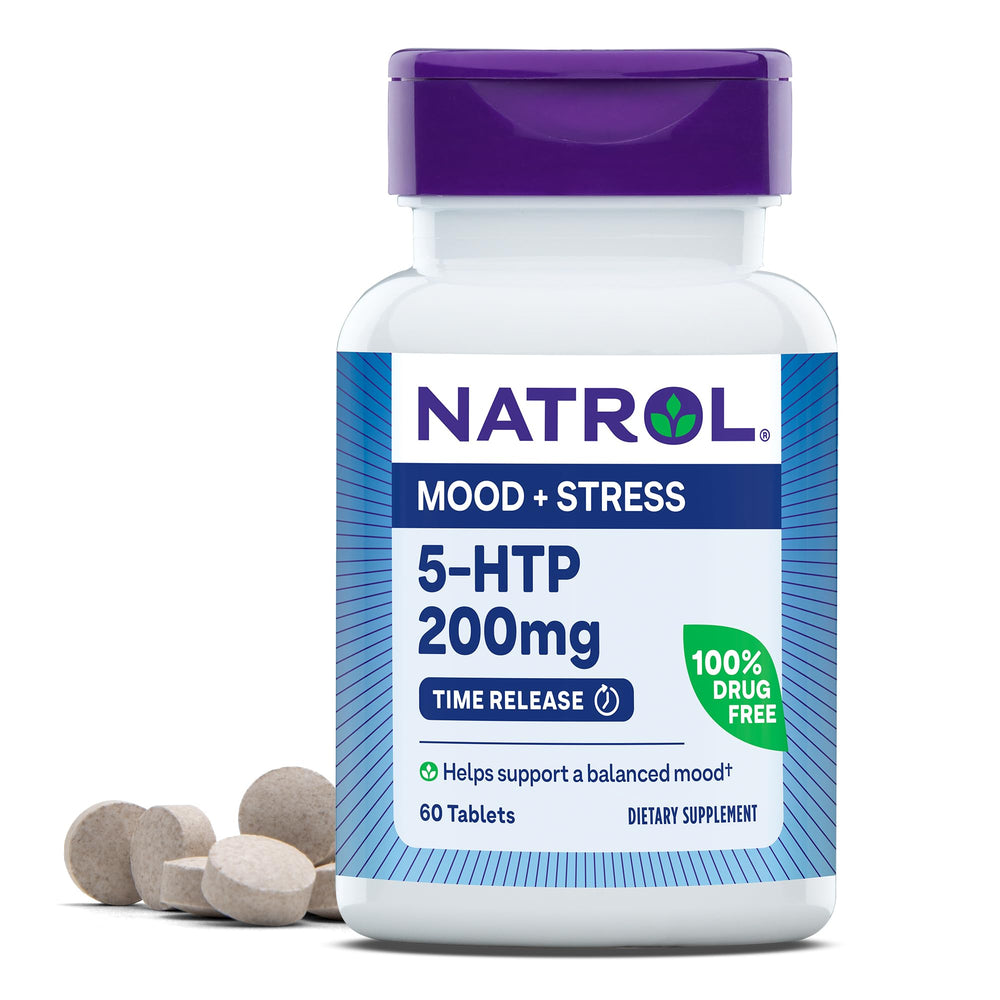 Natrol 5-HTP bottle shown for daily mood support with time-release tablets