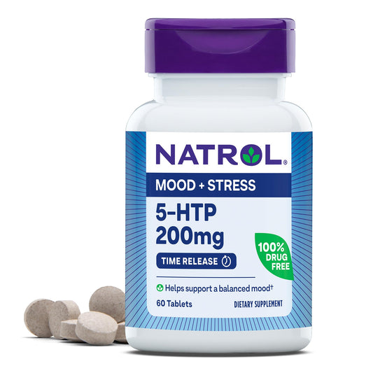 Natrol 5-HTP bottle shown for daily mood support with time-release tablets