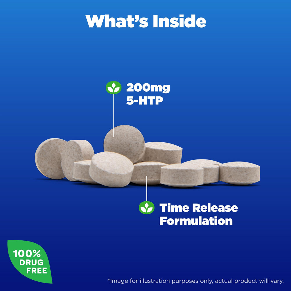 Natrol 5-HTP tablets close-up highlighting time-release formula
