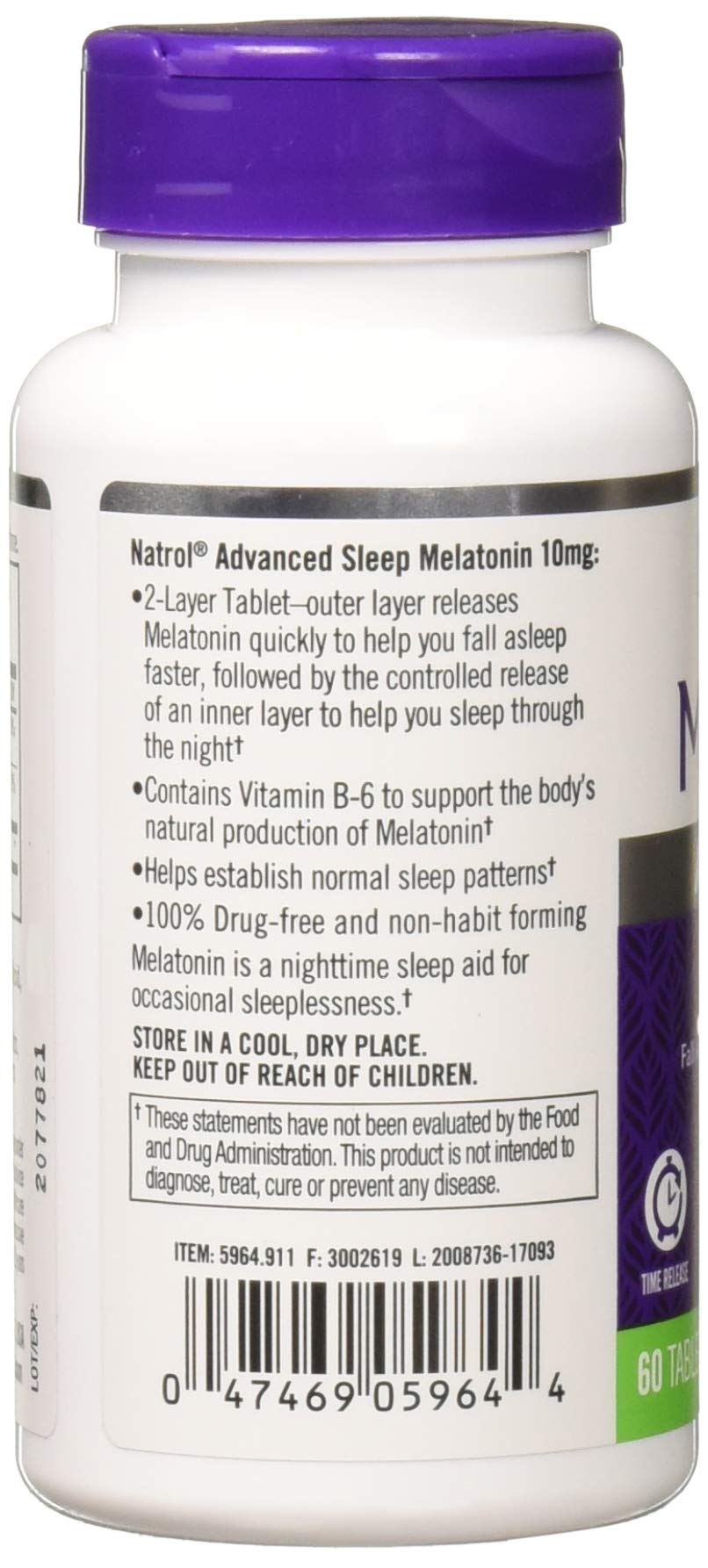 Natrol 2-layer time-release tablet cross-section showing initial 5 mg release and ongoing support.