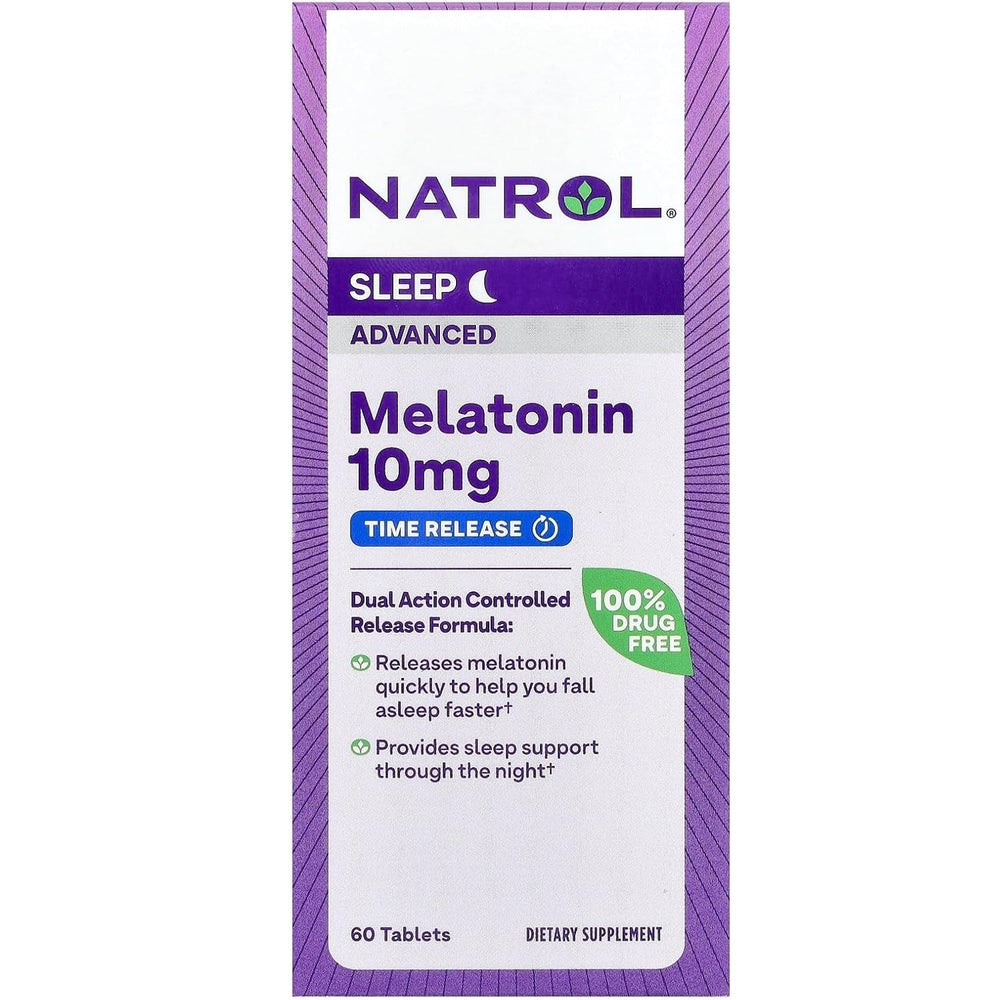 Natrol Advanced Sleep Melatonin bottle on nightstand supports relaxed sleep