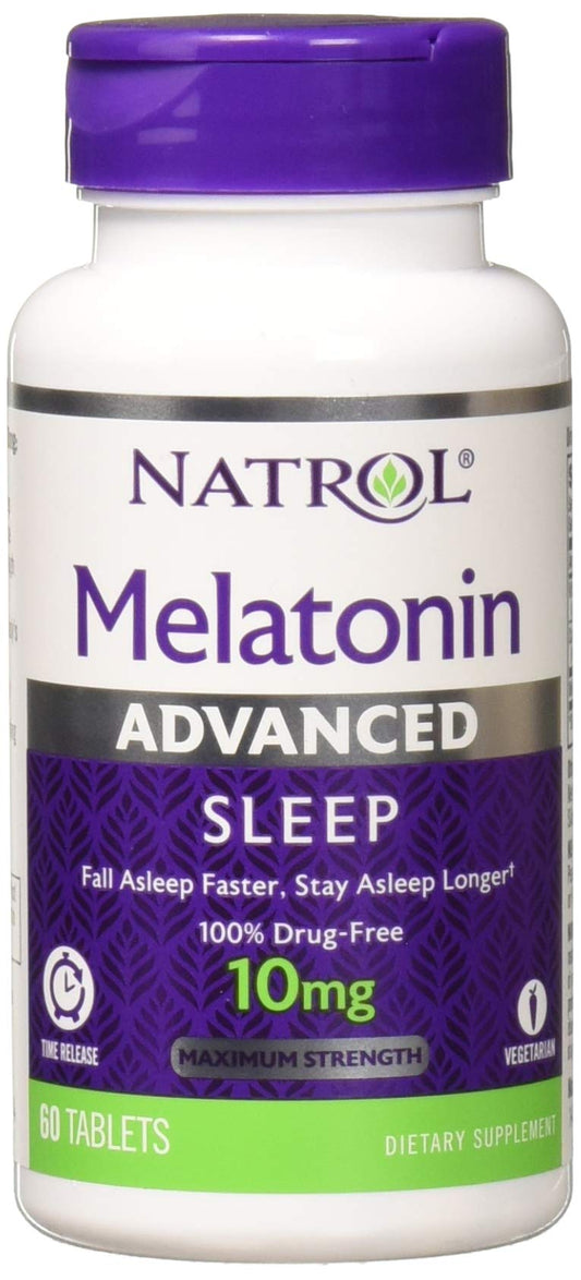Natrol Advanced Sleep Melatonin packaging with 8-pack, convenient nightly support.
