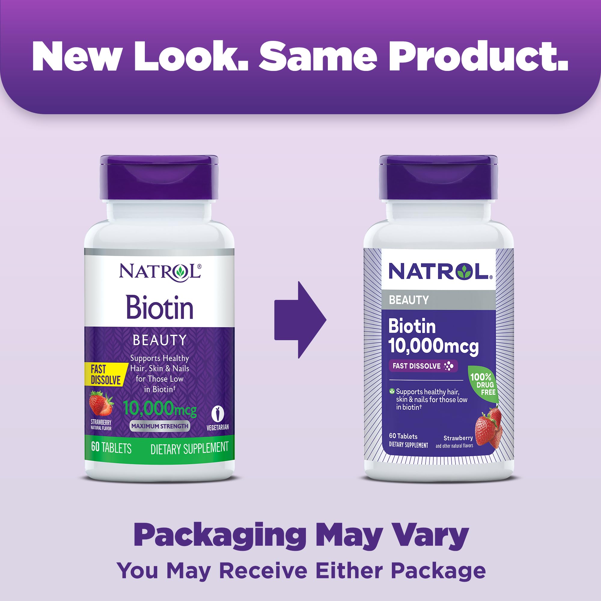 Natrol Beauty Biotin bottle showing 60 tablets, 60-day supply.