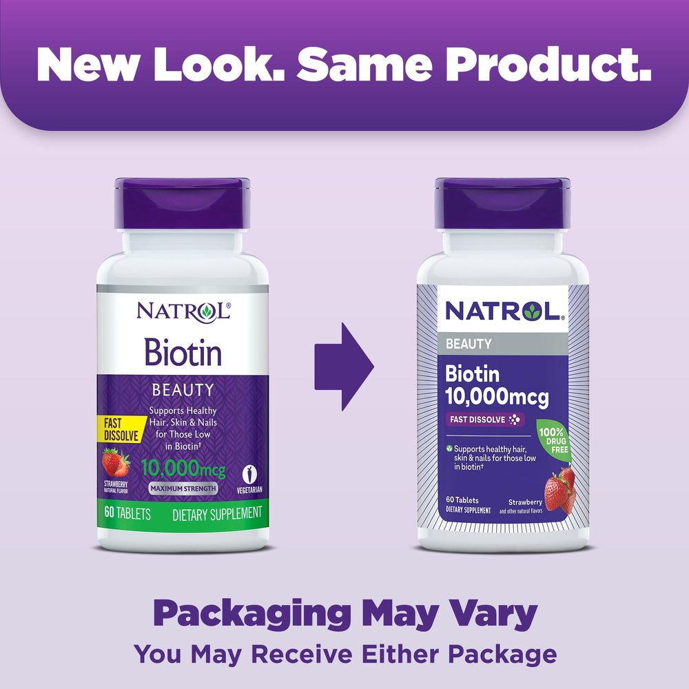 Natrol Beauty Biotin bottle showing 60 tablets, 60-day supply.