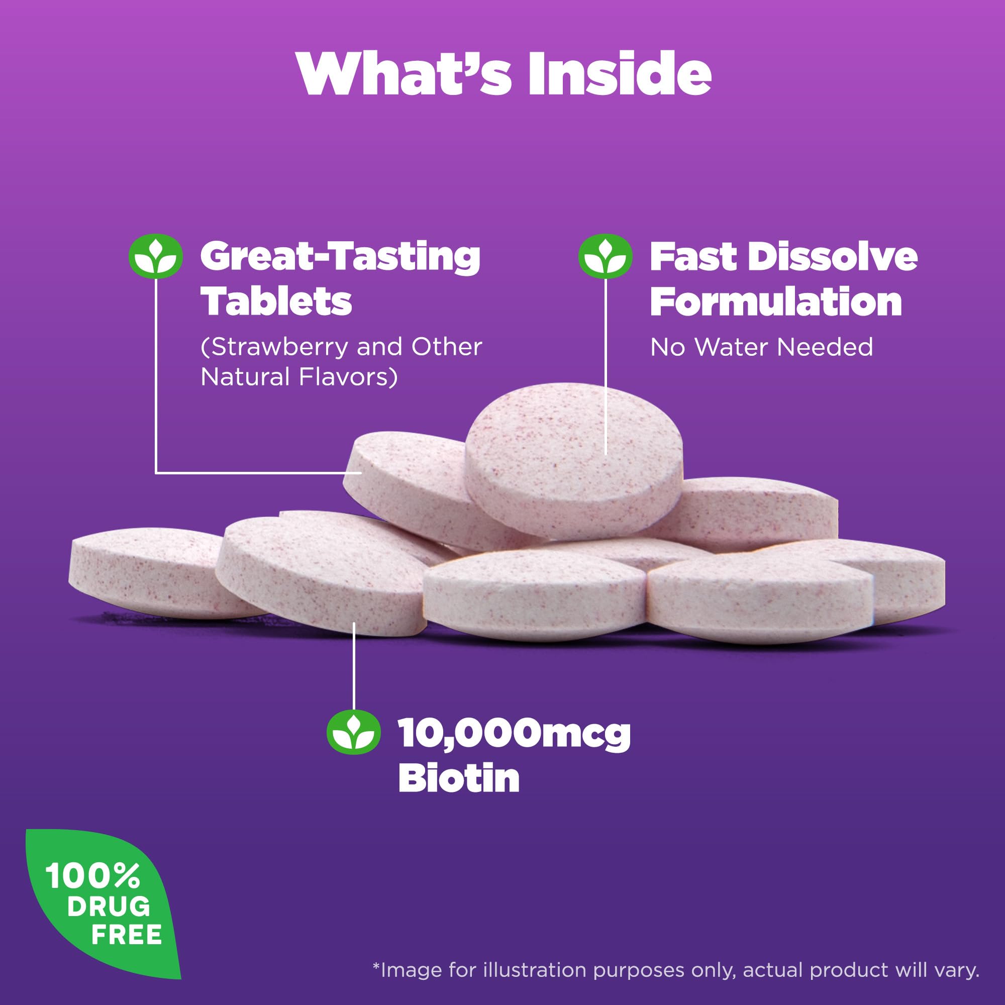 Close-up of Natrol Beauty Biotin strawberry-flavored tablet for daily hair, skin, and nails support.
