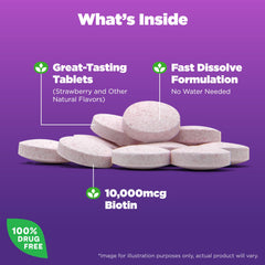 Close-up of Natrol Beauty Biotin strawberry-flavored tablet for daily hair, skin, and nails support.