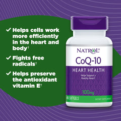 Natrol CoQ-10 softgels bottle close-up showing easy-to-swallow capsule.