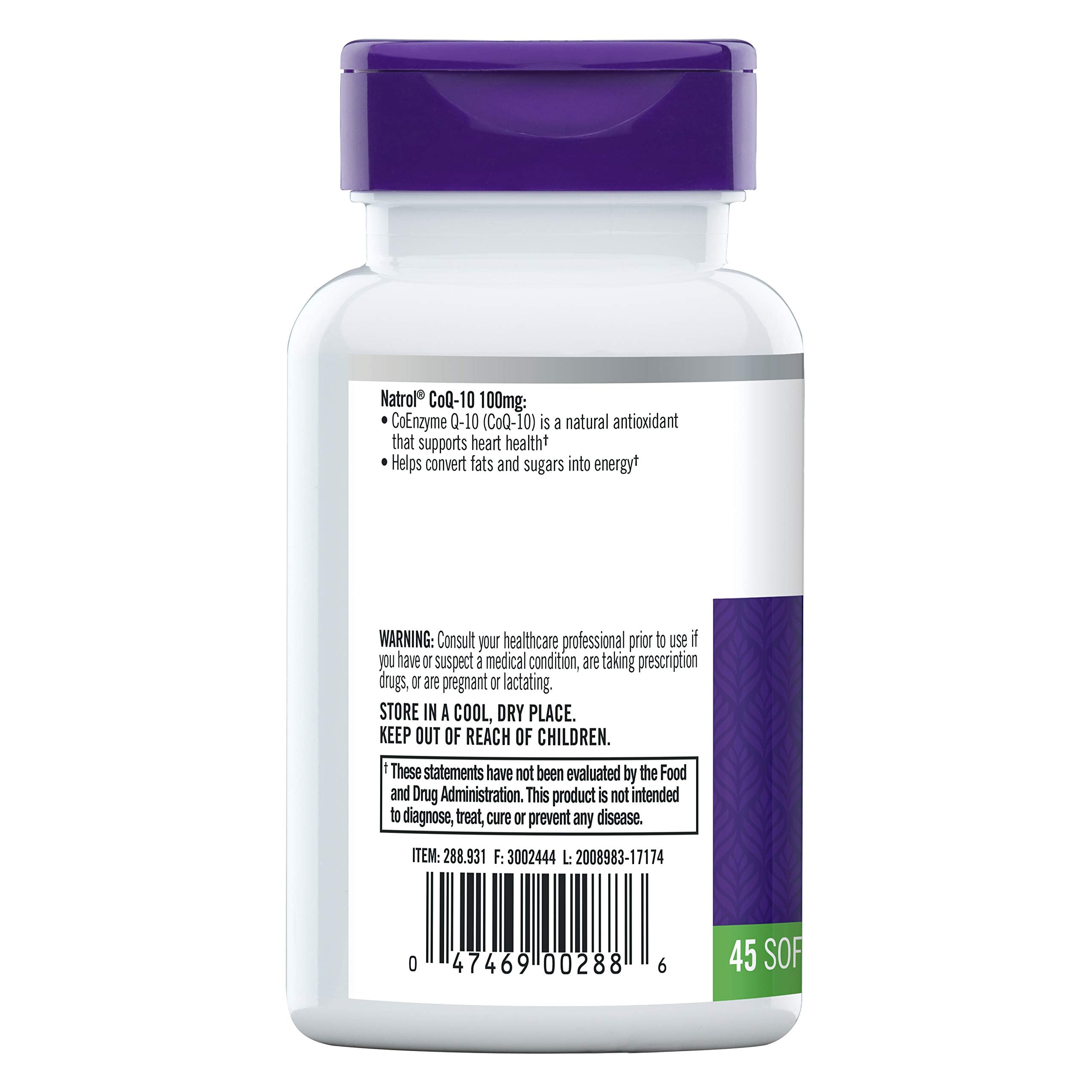 Natrol CoQ-10 softgels label with 100 mg dosage for daily use.