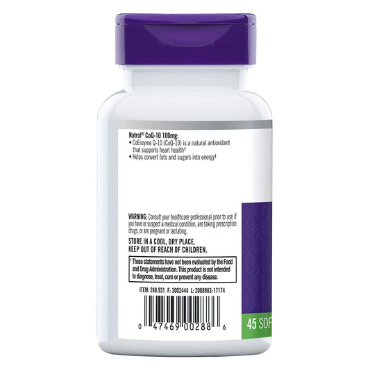 Natrol CoQ-10 softgels label with 100 mg dosage for daily use.