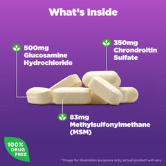 Natrol glucosamine chondroitin MSM tablets bottle side label with dosage and use guidance