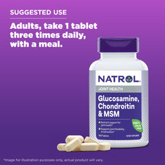 Natrol glucosamine chondroitin MSM tablets pouring into a glass for easy dosing