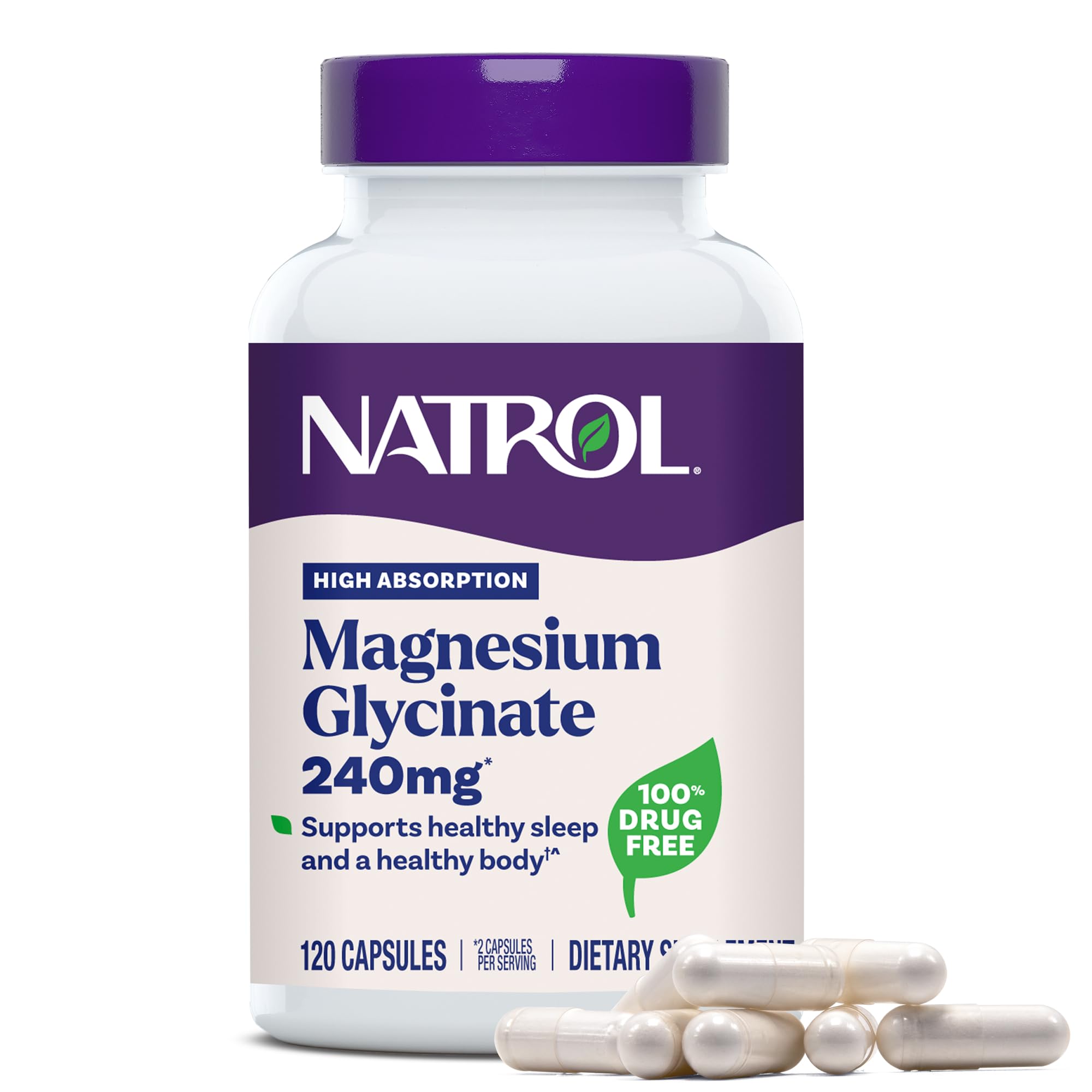 Natrol Magnesium Glycinate 240mg bottle front view highlighting high absorption formula.
