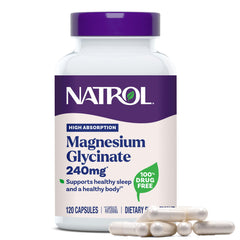 Natrol Magnesium Glycinate 240mg bottle front view highlighting high absorption formula.