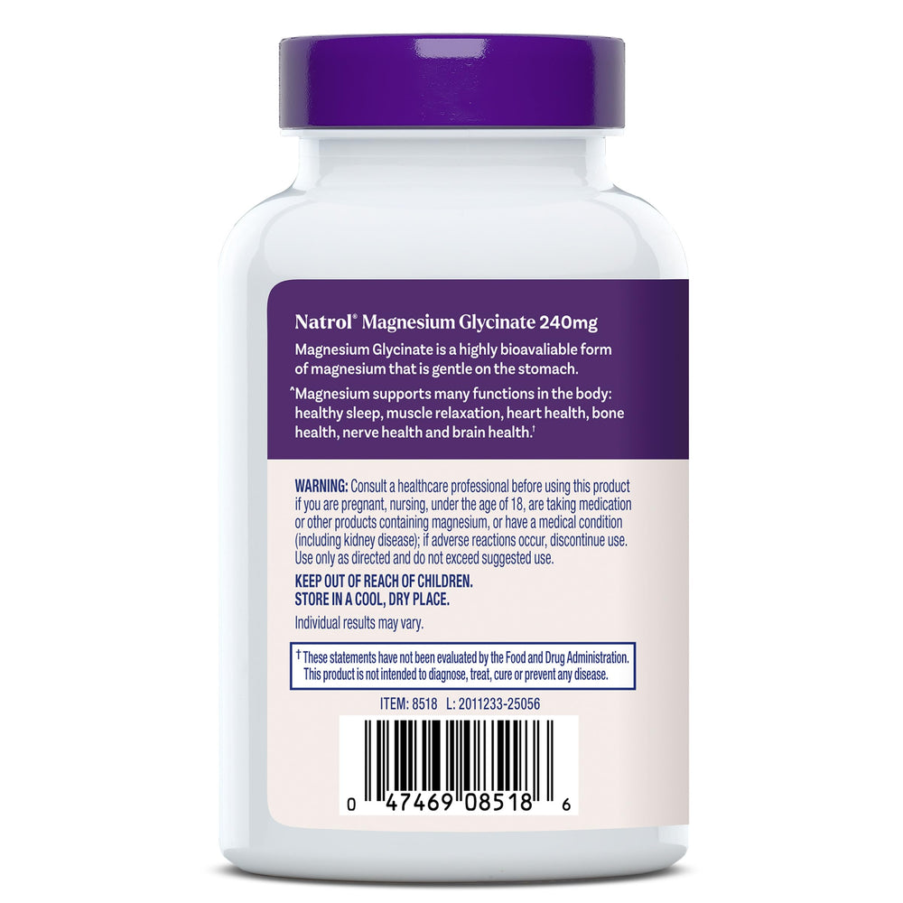Natrol Magnesium Glycinate packaging with ingredients list for transparent formulation.