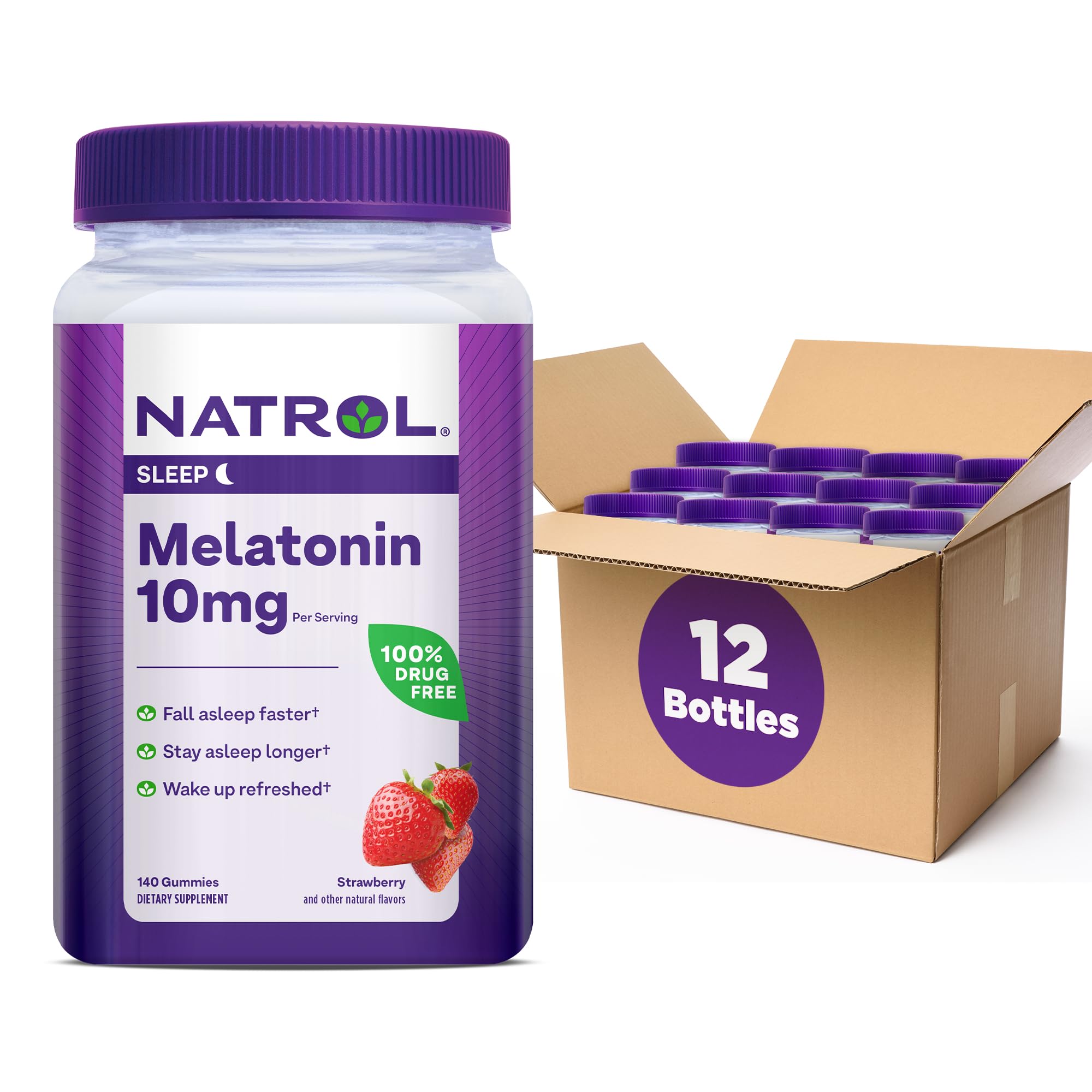 Natrol Melatonin 10 mg strawberry gummies in a bottle for sleep support.
