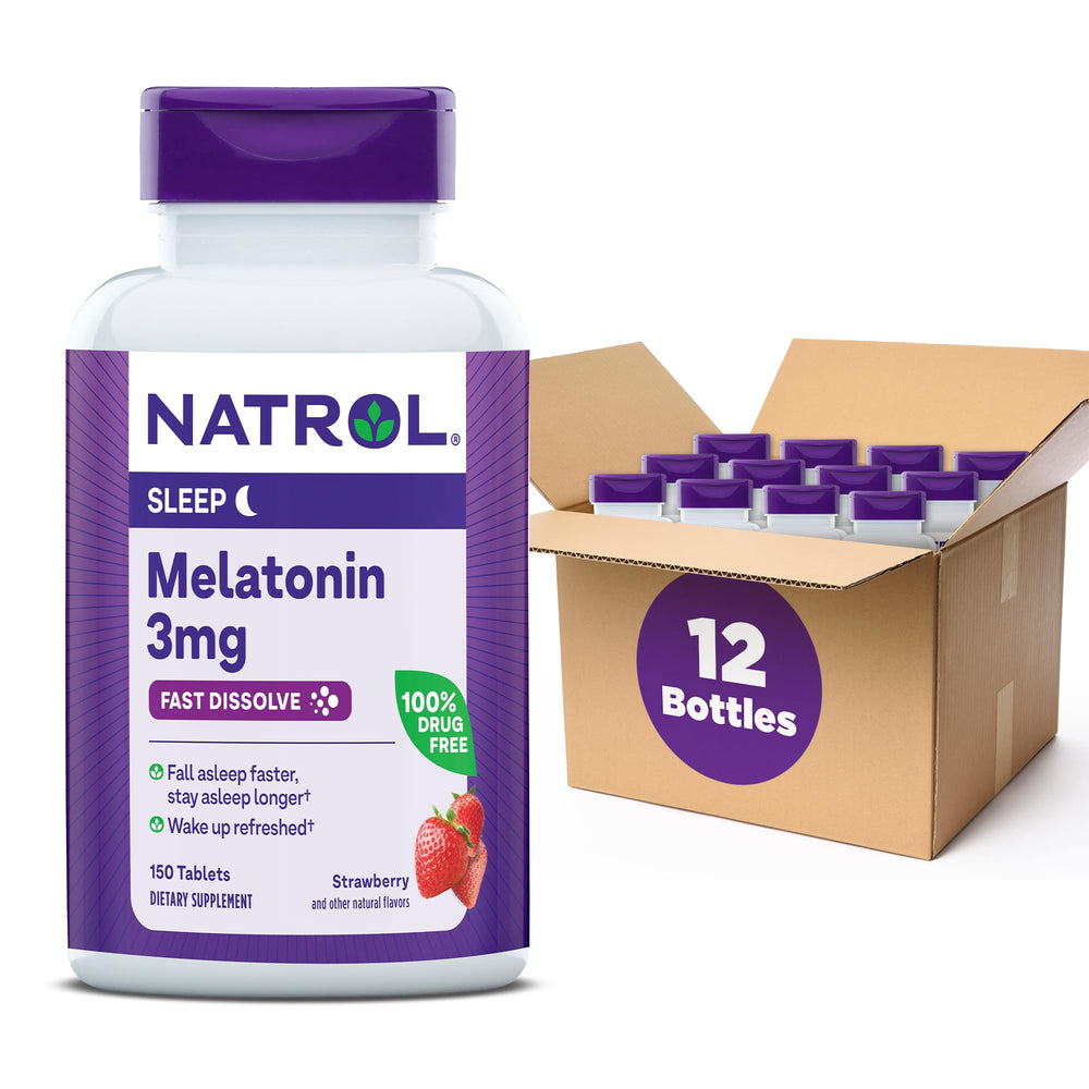 Natrol melatonin 3mg strawberry fast-dissolve tablet in a jar for easy nighttime support.